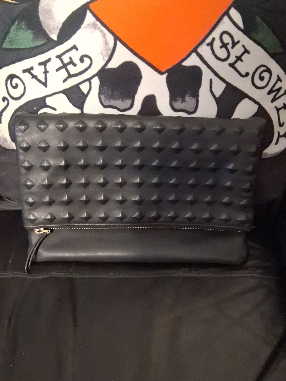 MCM Black Pyramid-Stud Leather Foldover Clutch